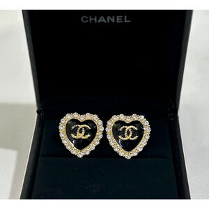 18K Gold Plated Luxury Crystal Trim Heart .925 Designer CC Logo Black Crystals